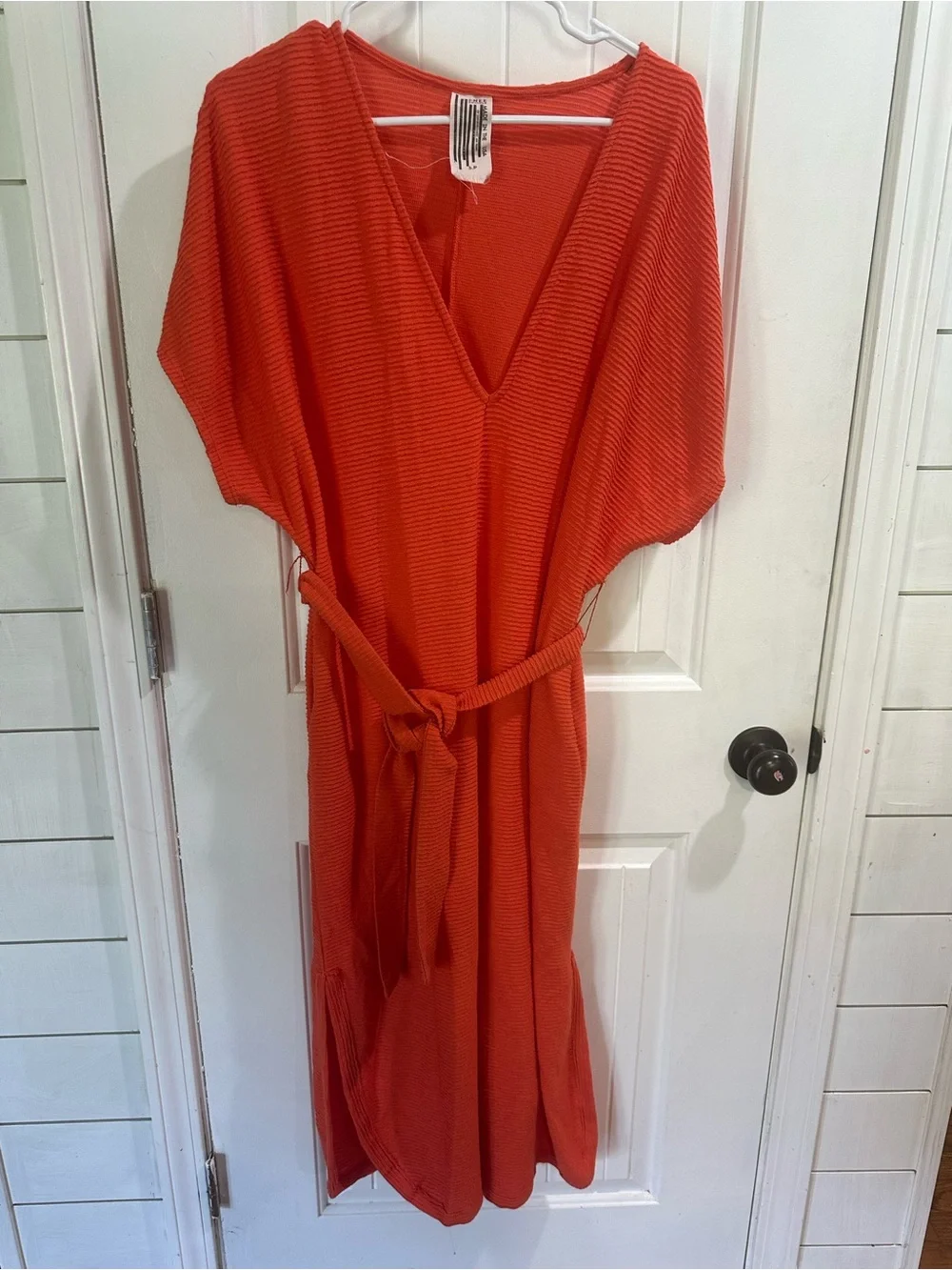 Free People Made in USA Burnt Orange Ribbed Knit Belted Kaftan Maxi Dress S Boho